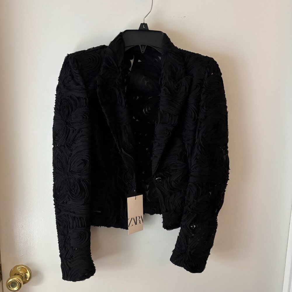 Zara cropped all black on black ribbon embroidered Jacket NWT